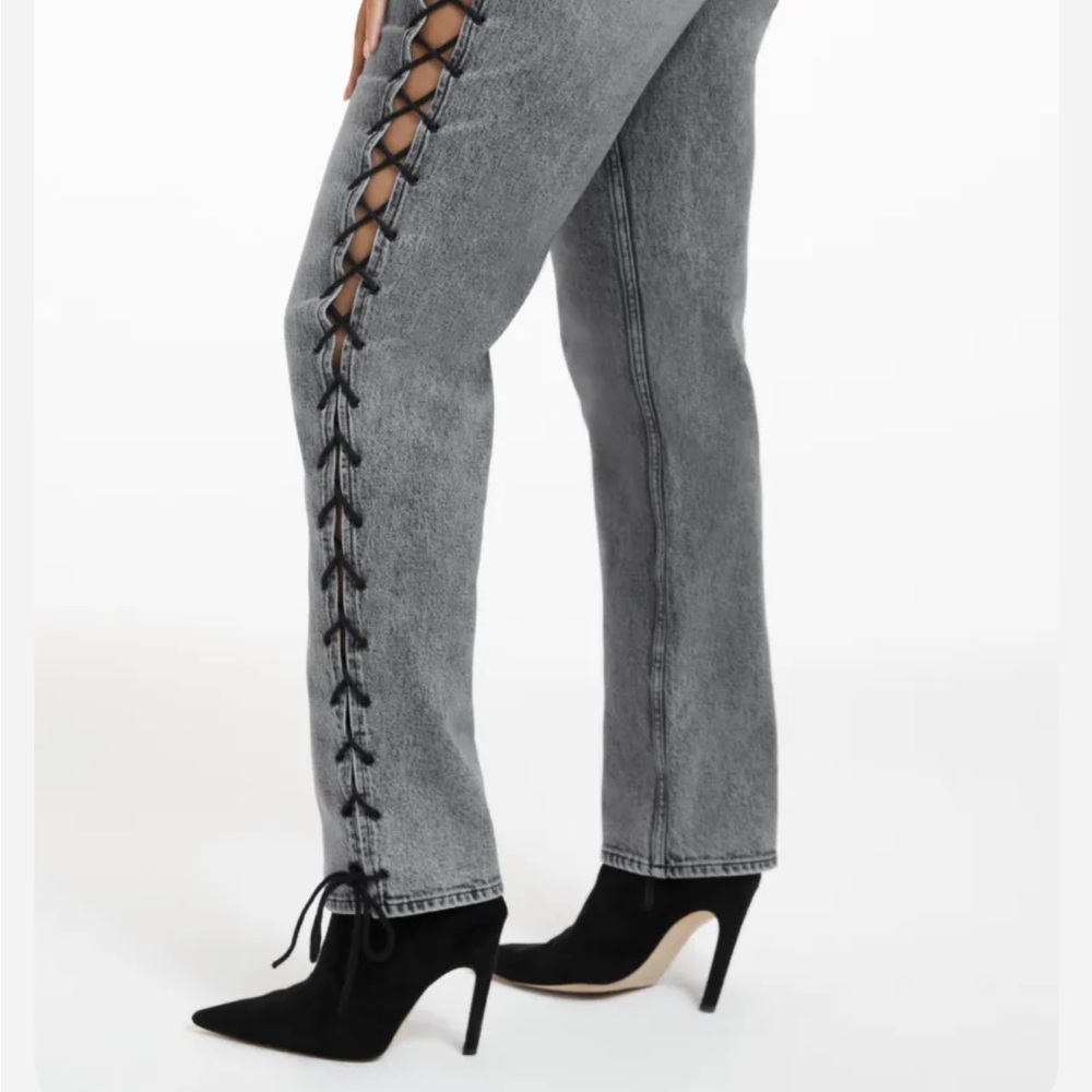 Good Icon Jeans- Good American Lace Up Grey Jeans